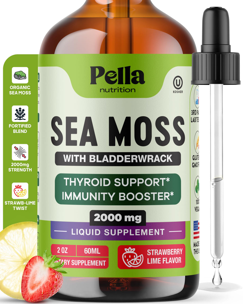 Pella Nutrition Sea Moss Drops Strawberry Lime bottle on kitchen counter for daily wellness