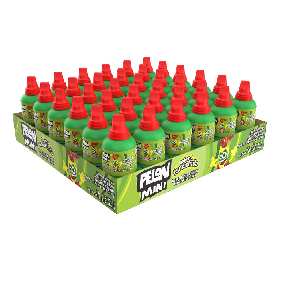 Pelon Pelo Rico mini tamarind candy bottle ready to squeeze for a tangy snack