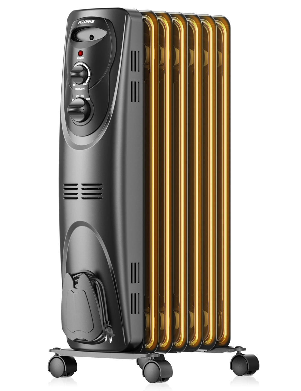 PELONIS PHO15A2AGW front view showing a compact oil-filled radiator ready for large rooms