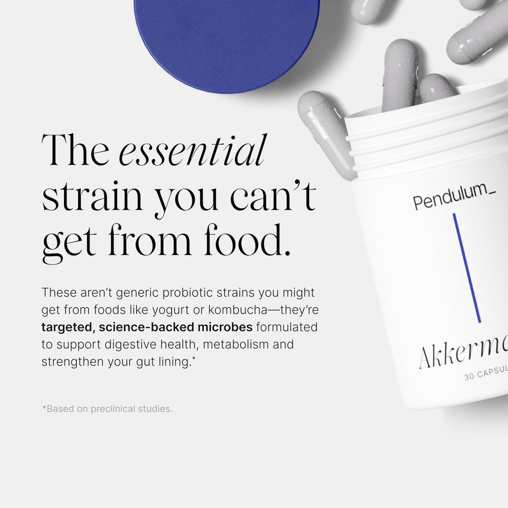 Pendulum Akkermansia probiotic in-use scene with daily capsule and meal.