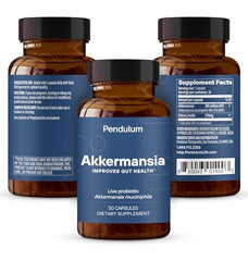 Pendulum Akkermansia probiotic label highlighting live strain and dosage.