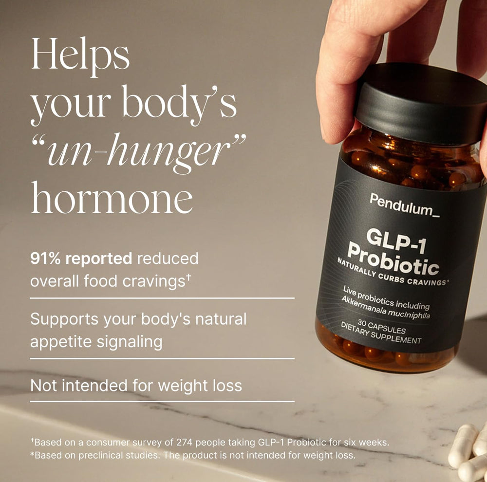 Pendulum GLP-1 Probiotic label close-up highlighting Akkermansia and supportive strains.