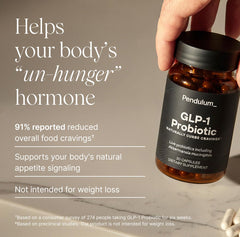 Pendulum GLP-1 Probiotic label close-up highlighting Akkermansia and supportive strains.