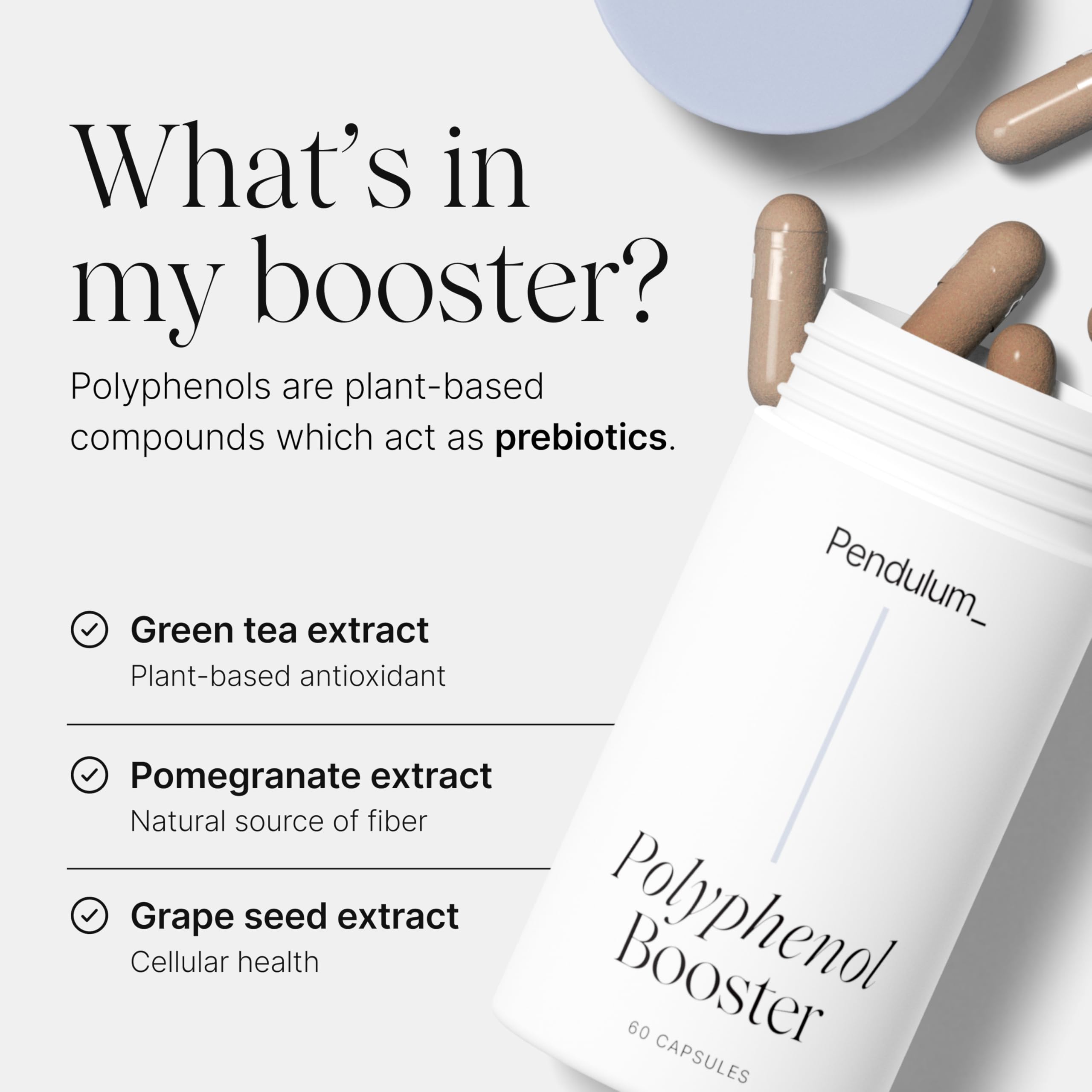 Pendulum Polyphenol Booster bottle top closeup highlighting secure cap for travel.