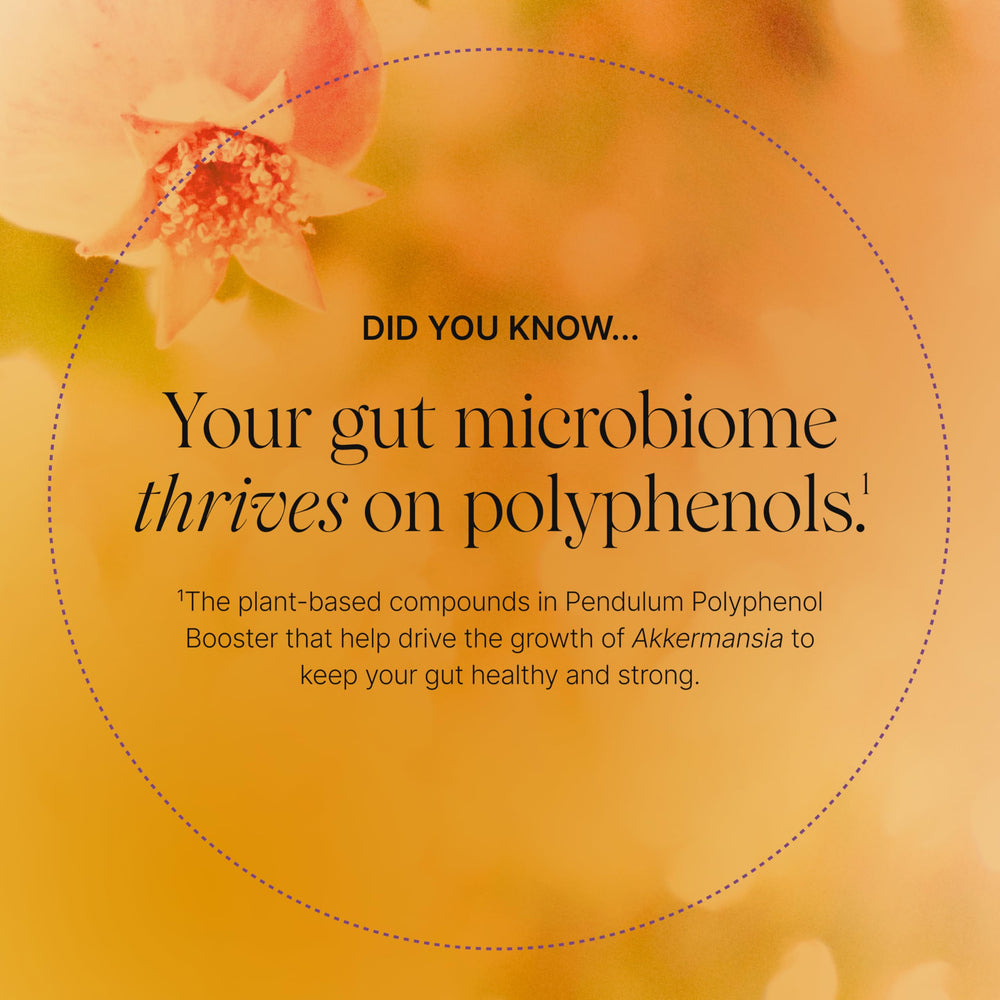 Pendulum Polyphenol Booster glass with capsules suggests portable wellness on the go.
