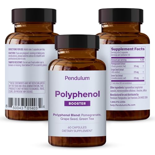 Pendulum Polyphenol Booster label closeup showing ingredients and polyphenols for gut support.