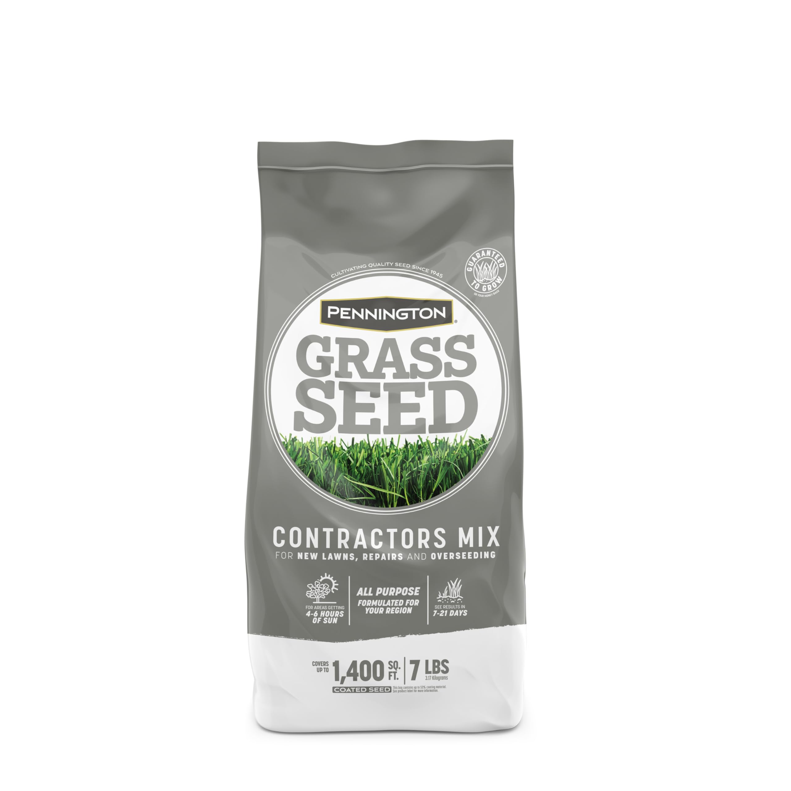 Pennington Contractors Seed Mix bag front displays professional-grade seed for dense lawns.