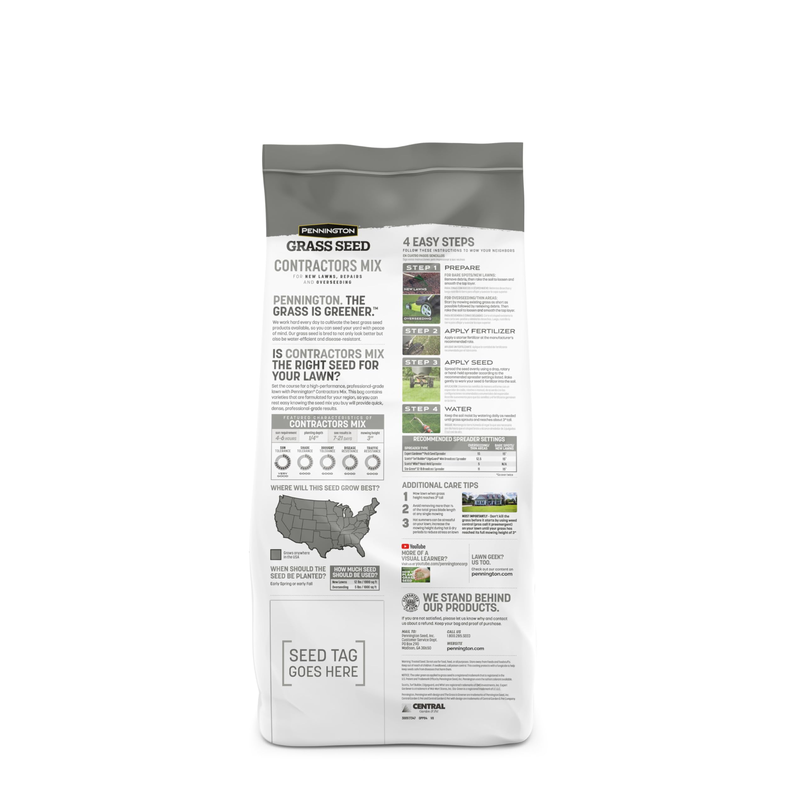 Pennington Contractors Seed Mix bag label highlights regional formulation for Central US.