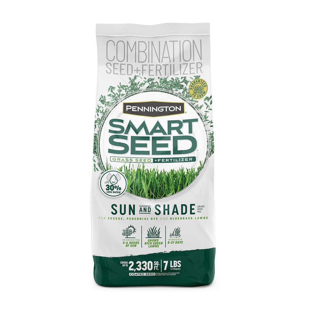 Pennington Smart Seed Sun & Shade bag front showing sun-shade mix for versatile lawns.
