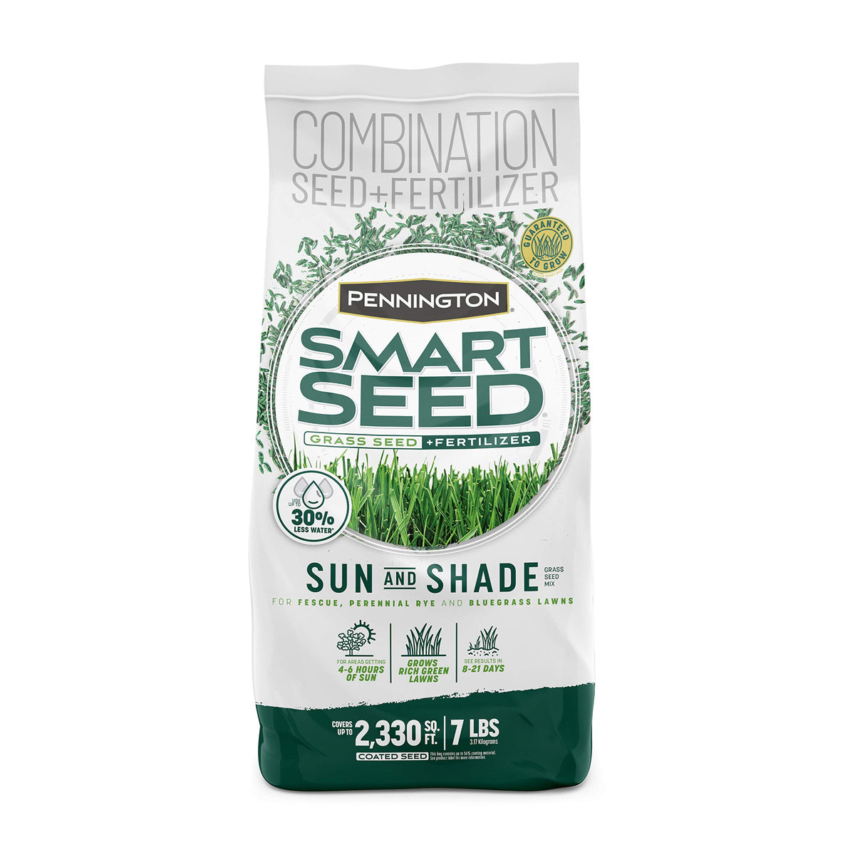 Pennington Smart Seed Sun & Shade bag front showing sun-shade mix for versatile lawns.
