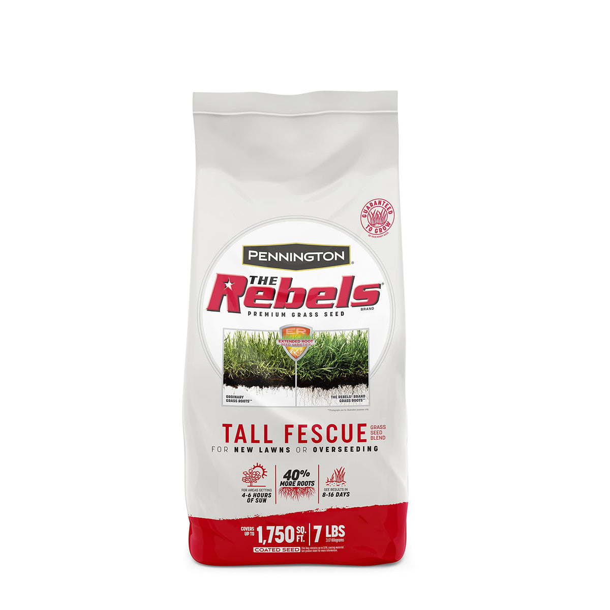 Pennington The Rebels tall fescue seed bag close-up shows deep roots and drought tolerance.