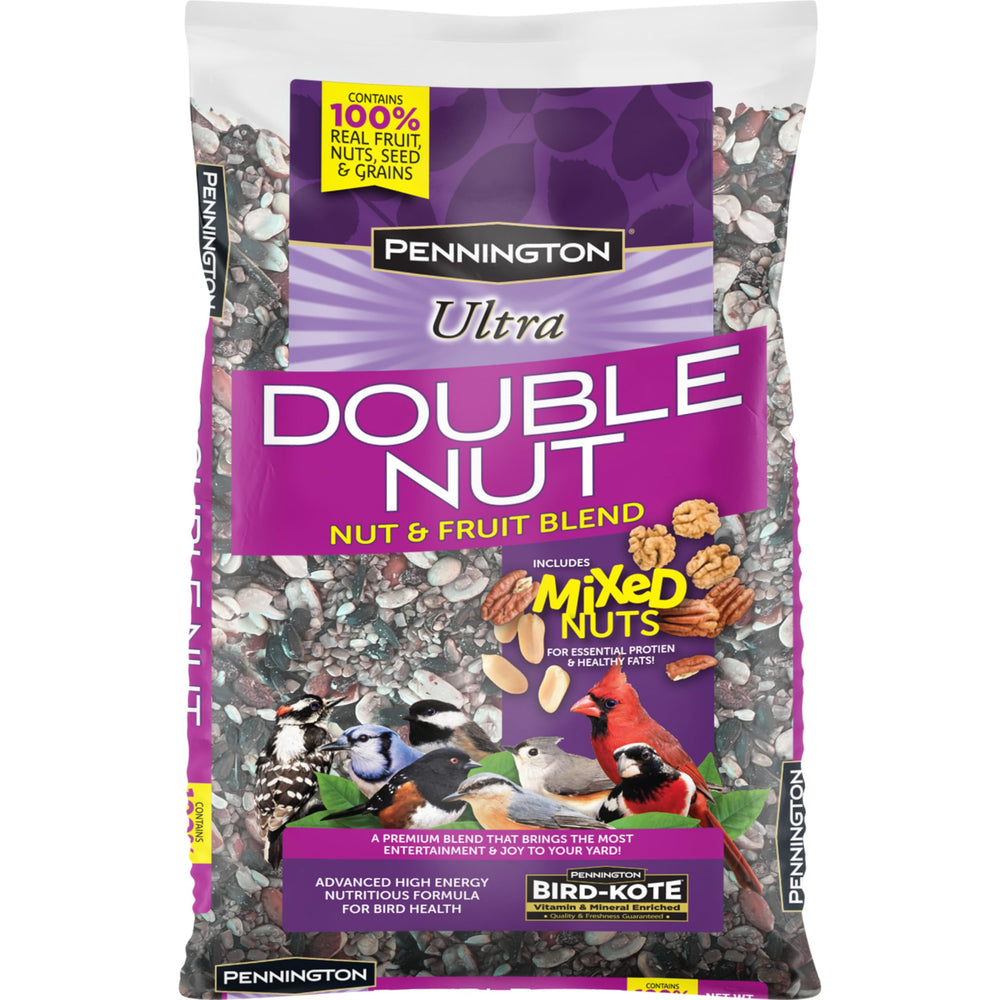Pennington Ultra Double Nut, Nut & Fruit Blend 10 lb bag displayed for capacity