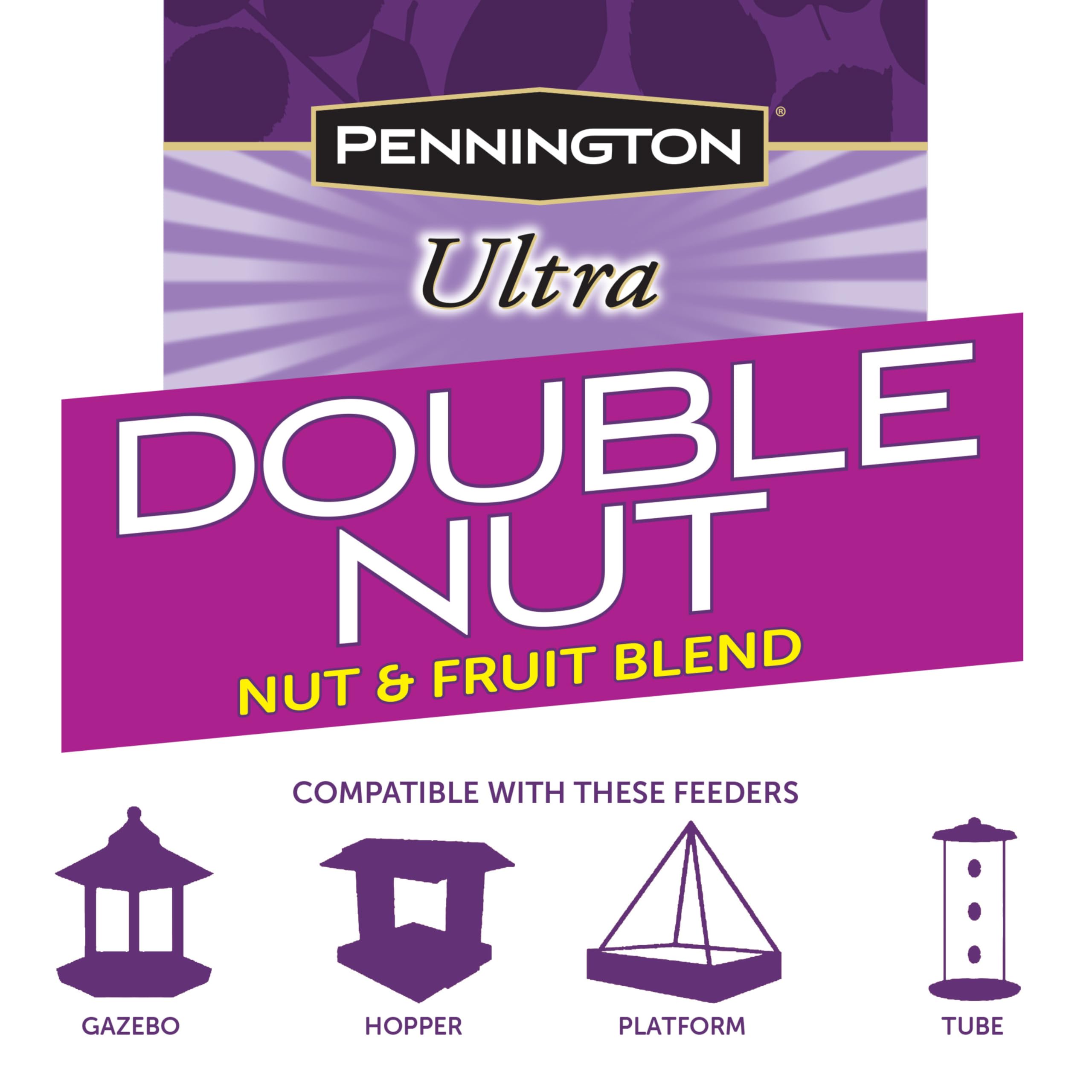 Pennington Ultra Double Nut, Nut & Fruit Blend in a sunny backyard with birds nearby