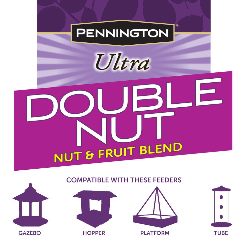 Pennington Ultra Double Nut, Nut & Fruit Blend in a sunny backyard with birds nearby