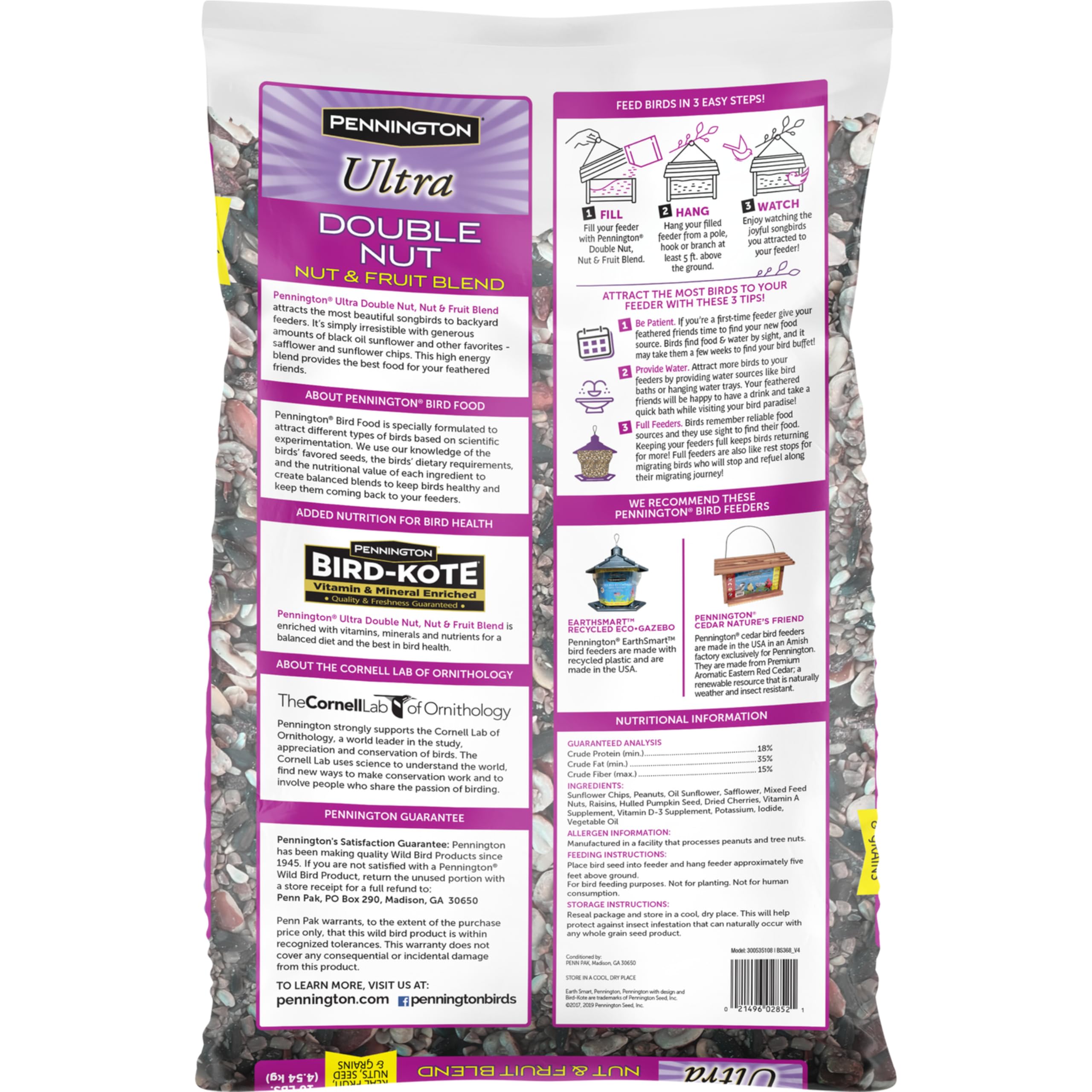 Pennington Ultra Double Nut, Nut & Fruit Blend birds perched on a feeder