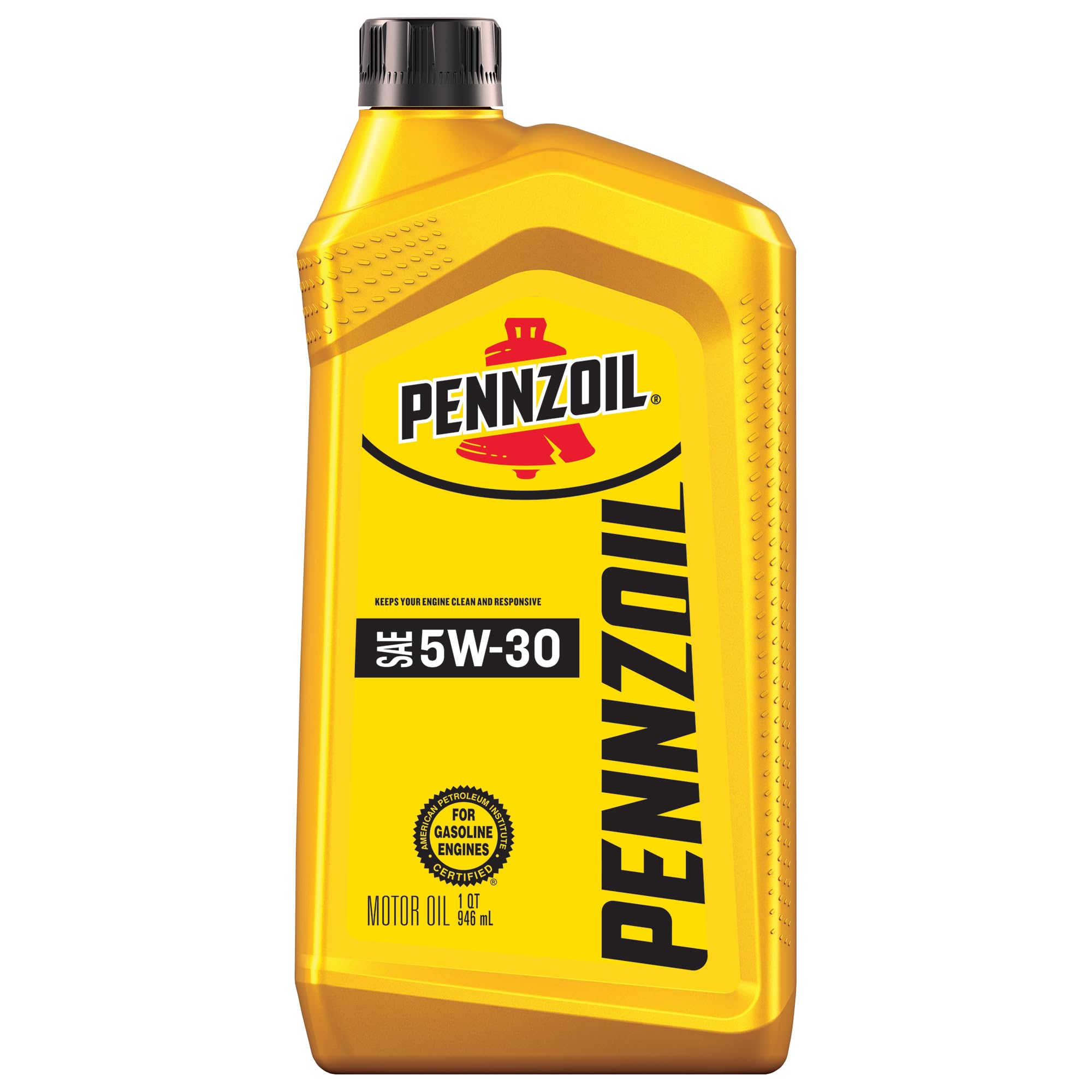 Pennzoil 5W-30 motor oil bottle on shelf ready for vehicle maintenance.