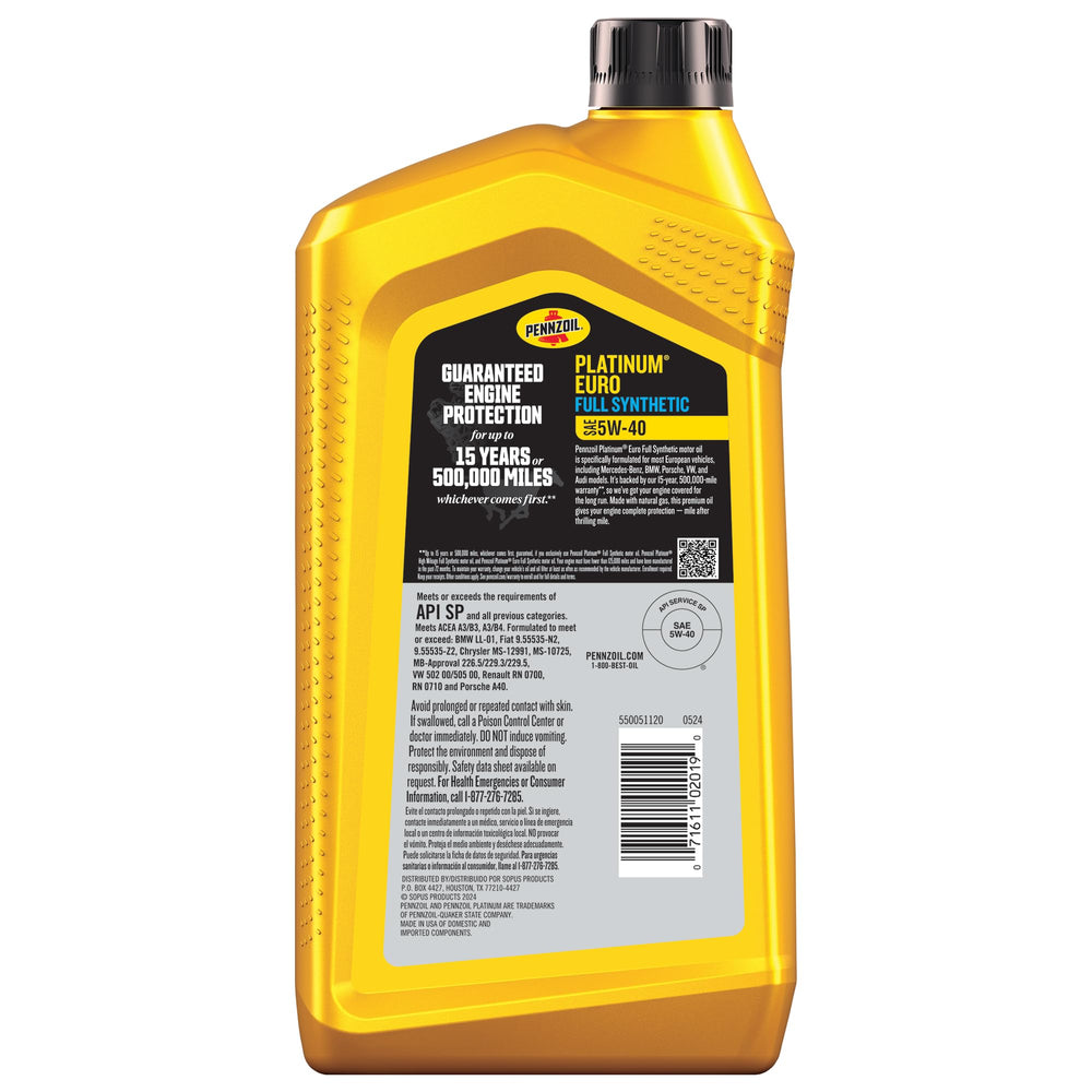Close-up of Pennzoil Platinum Euro 5W-40 label with OEM approvals
