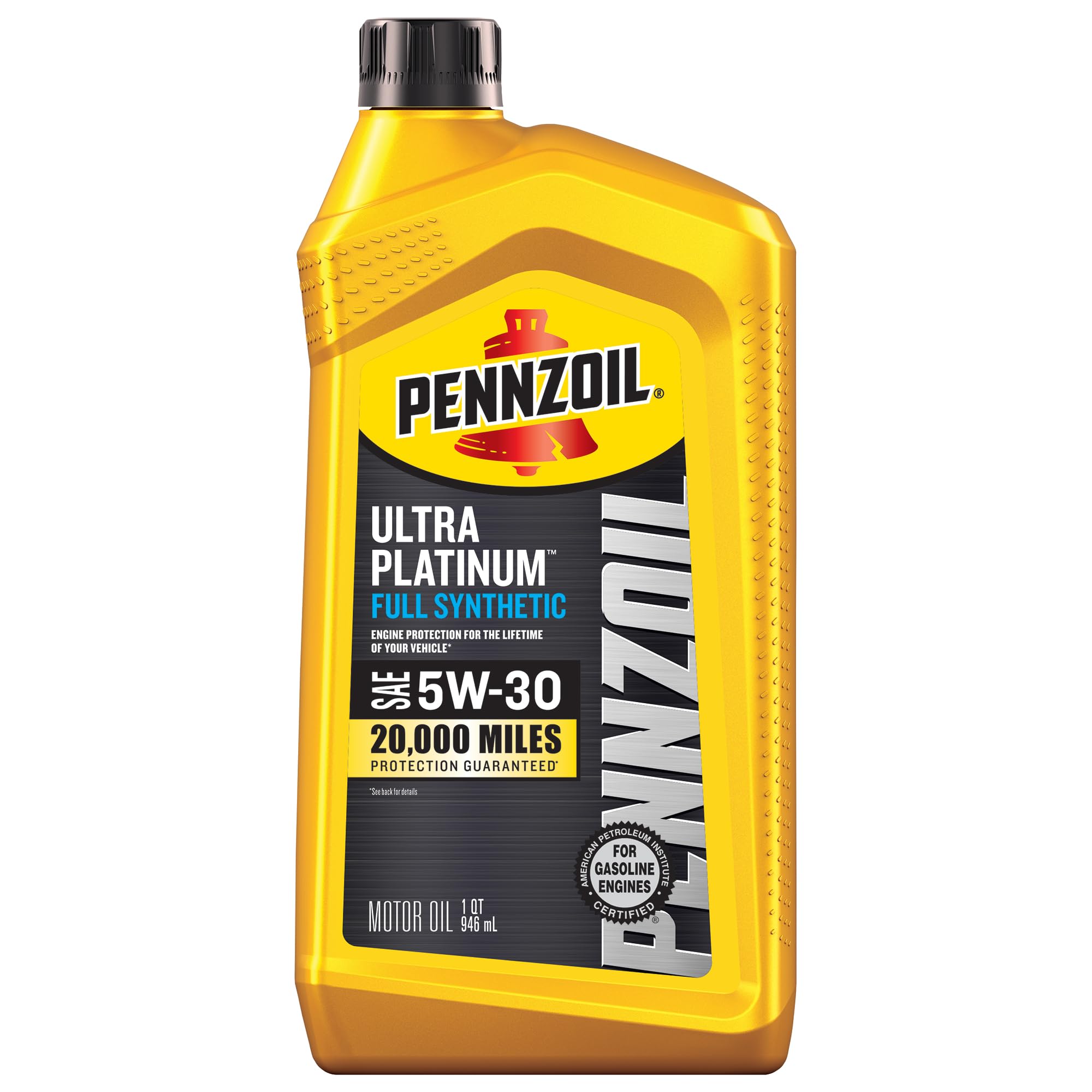 Pennzoil Ultra Platinum 5W-30 bottle close-up emphasizing engine protection