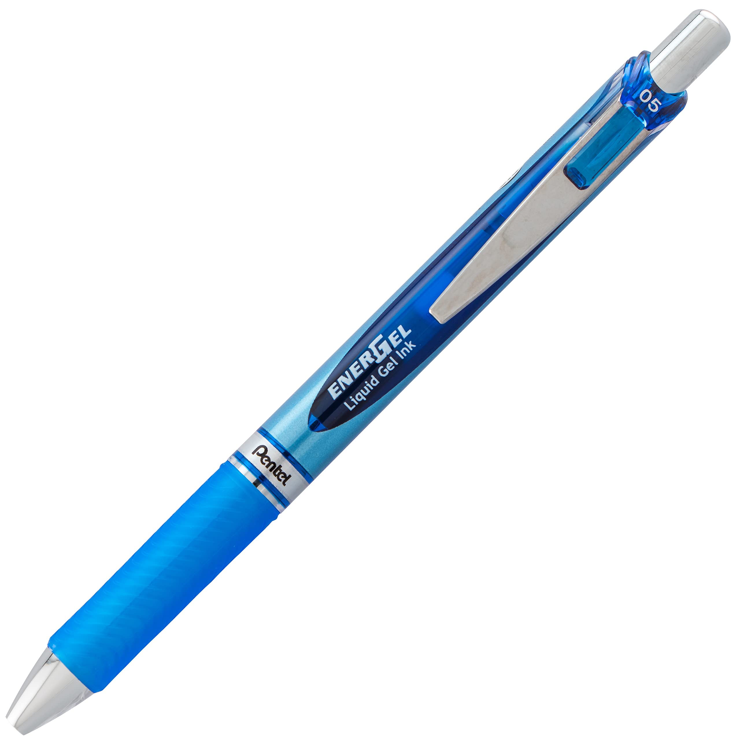 Pentel EnerGel Deluxe RTX 0.5mm needle tip close-up for precise lines.
