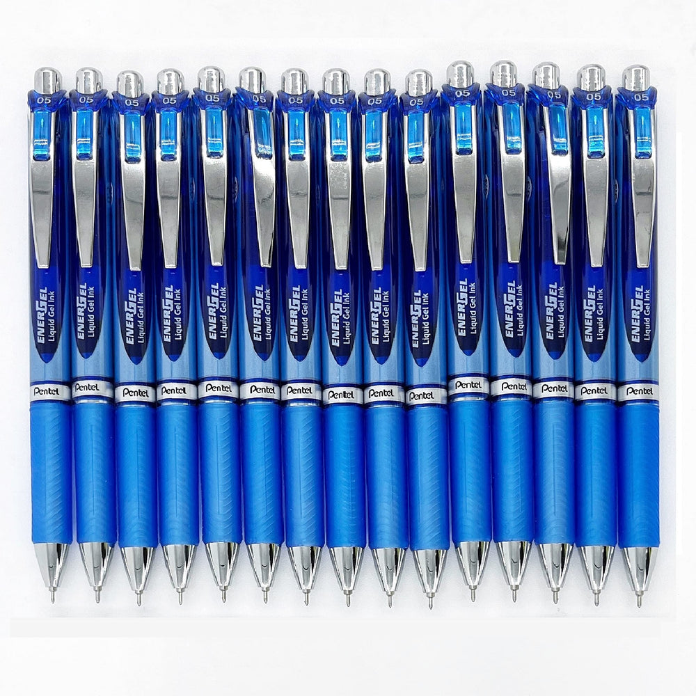 Pentel Ener Gel Deluxe RTX blue body pen shown for comfortable writing.