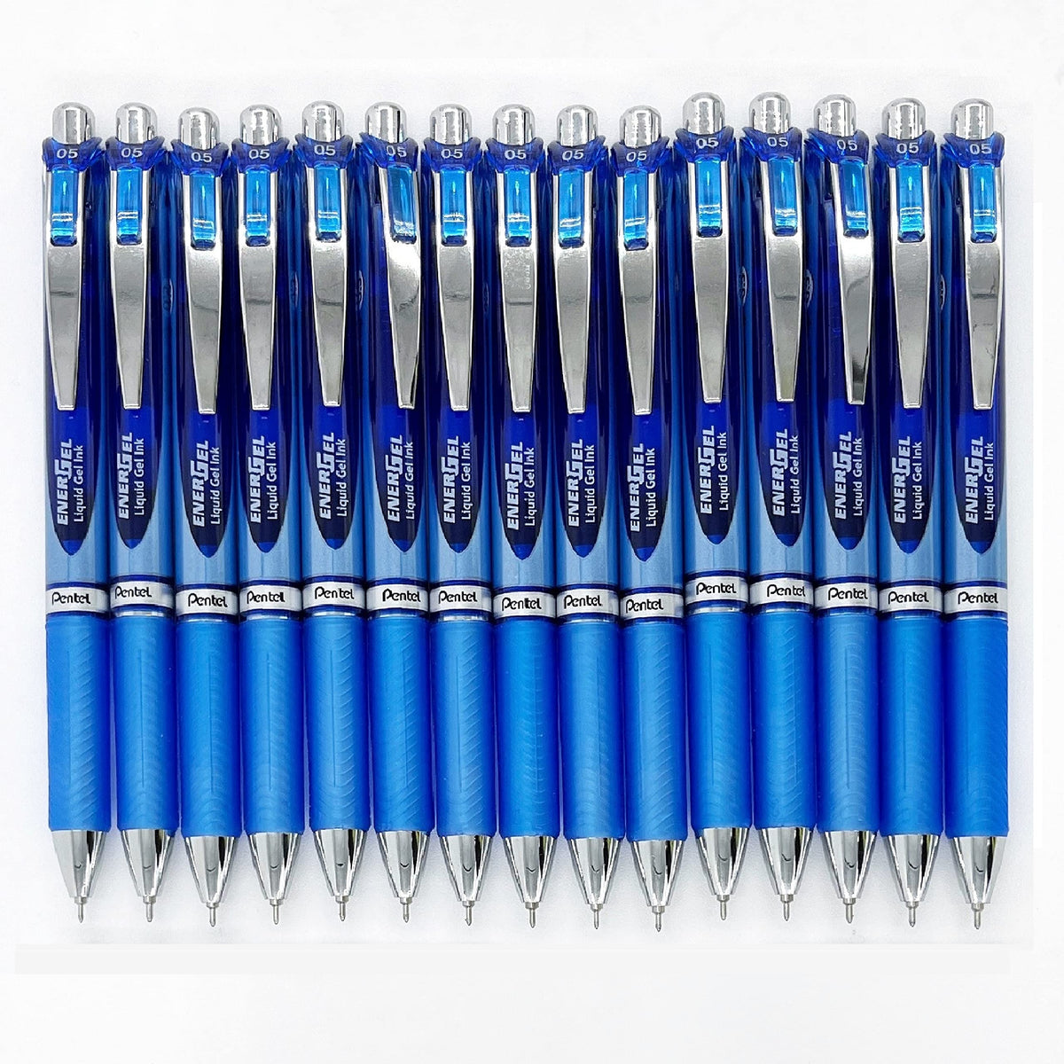 Pentel Ener Gel Deluxe RTX blue body pen shown for comfortable writing.