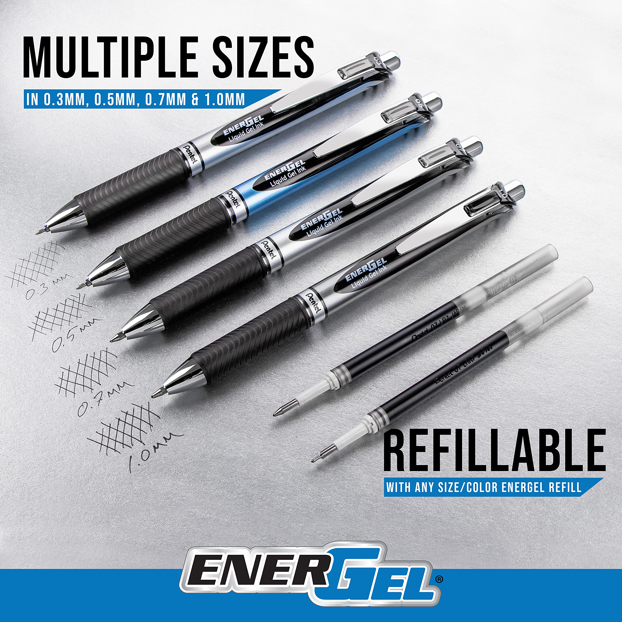 Blue ink flow of Pentel EnerGel Deluxe RTX demonstrated on paper.