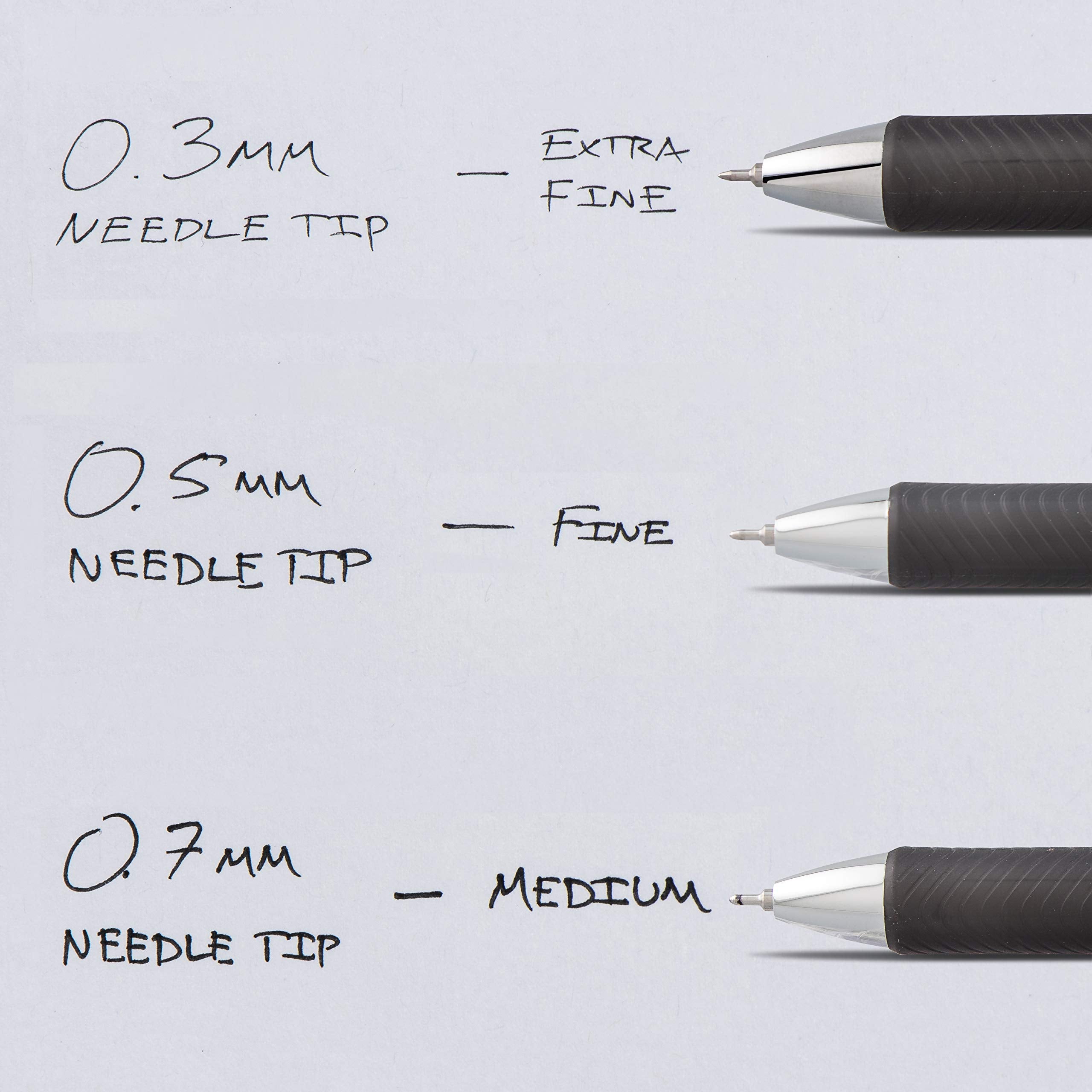 Close-up of needle tip writing with Pentel EnerGel Deluxe RTX.