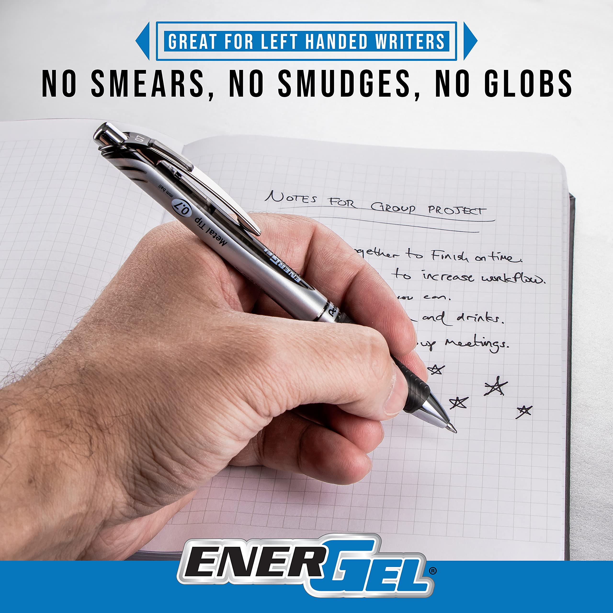 Pentel EnerGel Deluxe RTX retractable mechanism shown for quick, clean clicks.