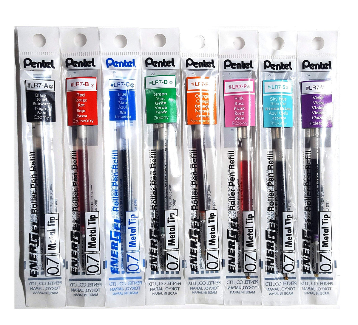 Pentel LR7 EnerGel refills with 0.7mm metal tip for smooth, fast-drying writing.