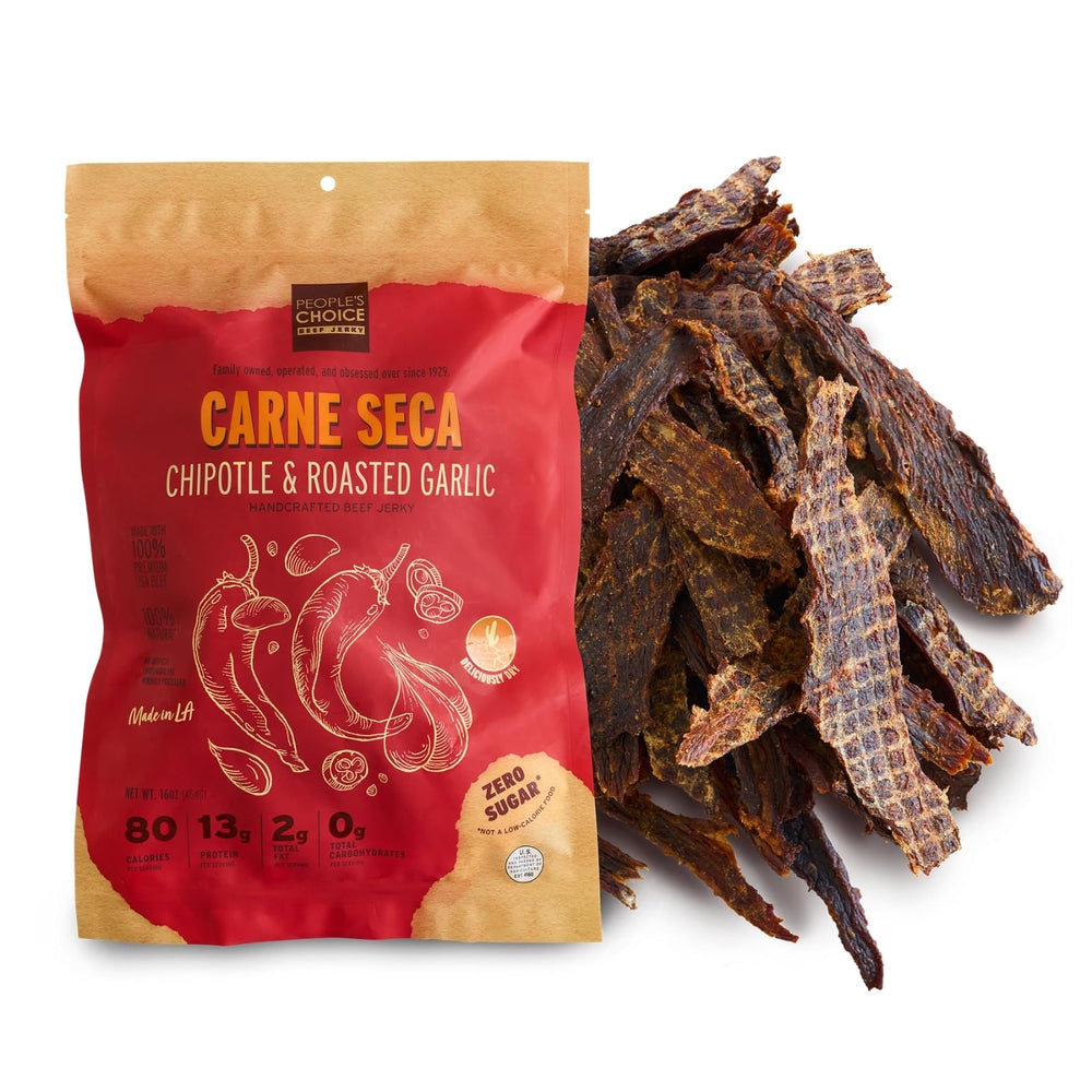 People's Choice Beef Jerky chipotle and roasted garlic flavor for bold snacking.