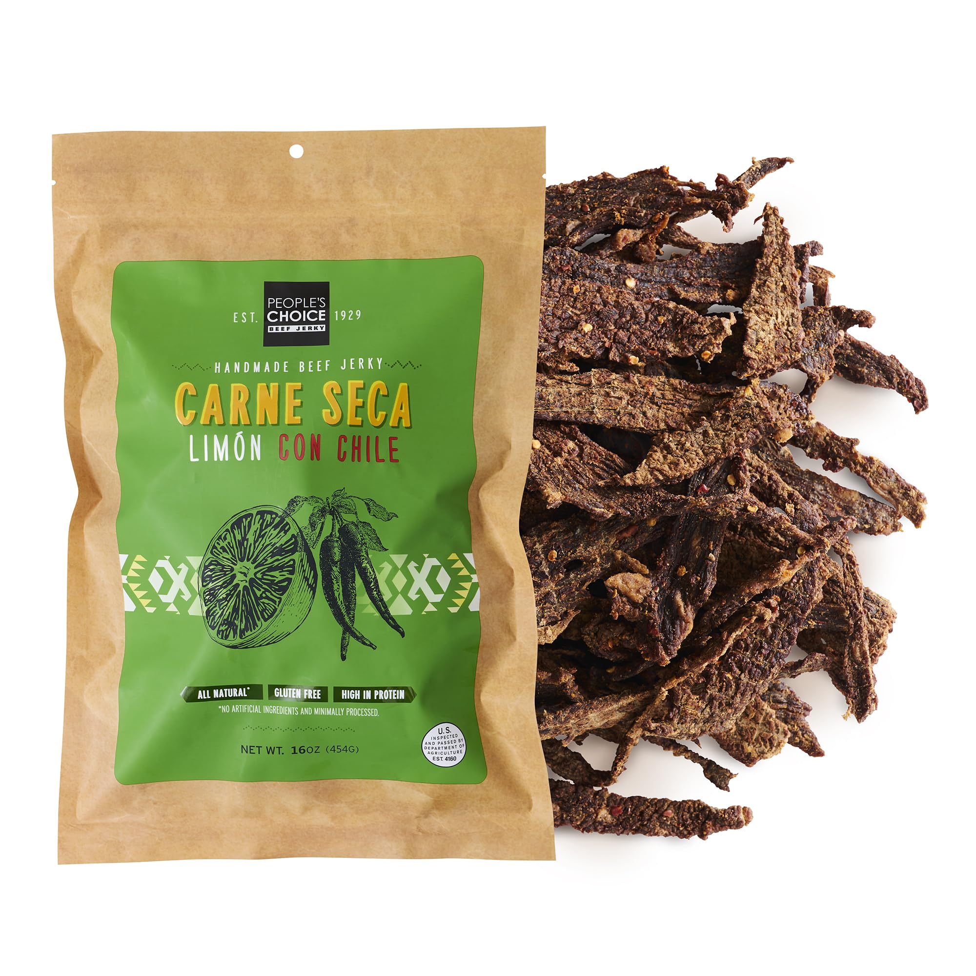 People's Choice Beef Jerky Lime Chile bag shown for on-the-go bold flavor.