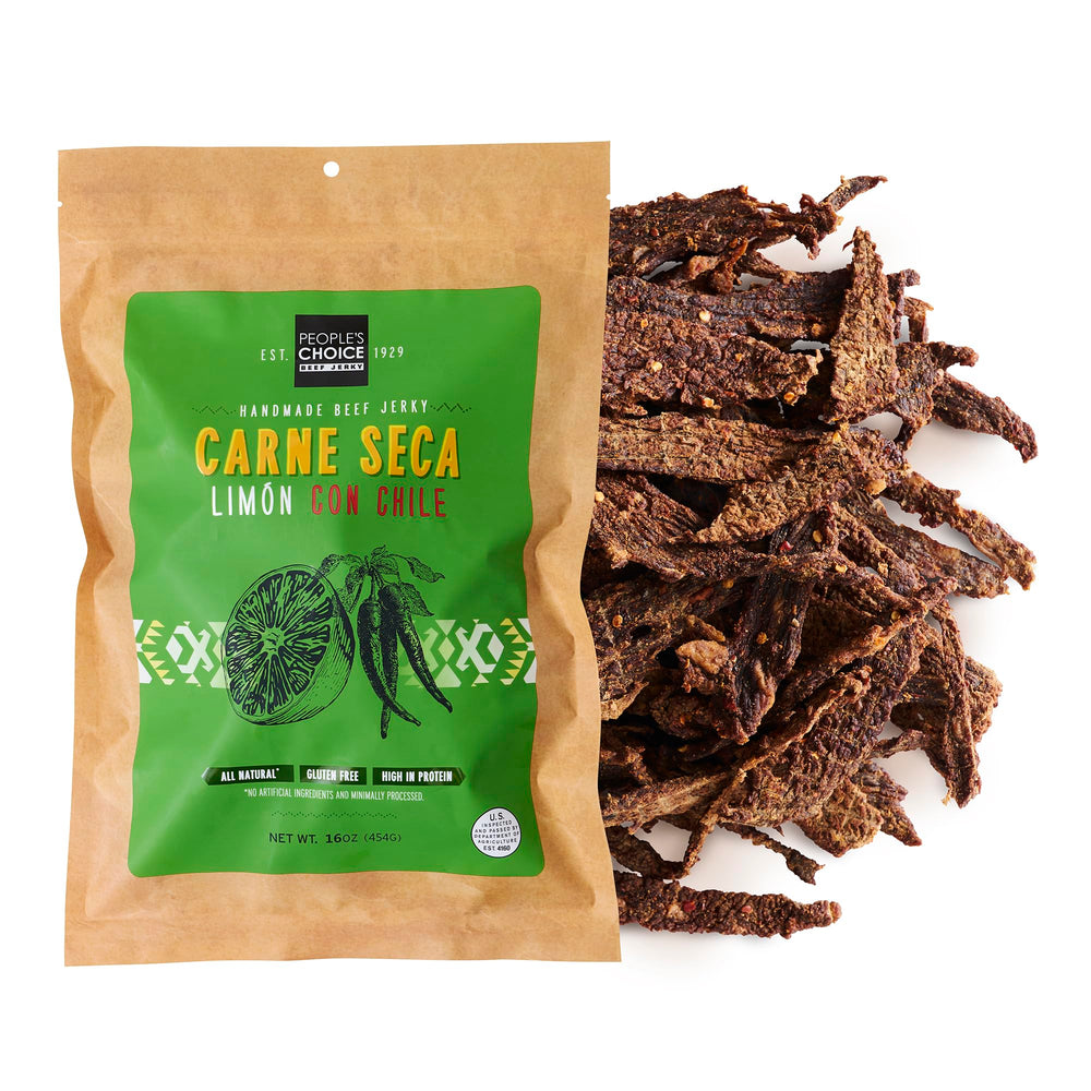 People's Choice Beef Jerky Lime Chile bag shown for on-the-go bold flavor.