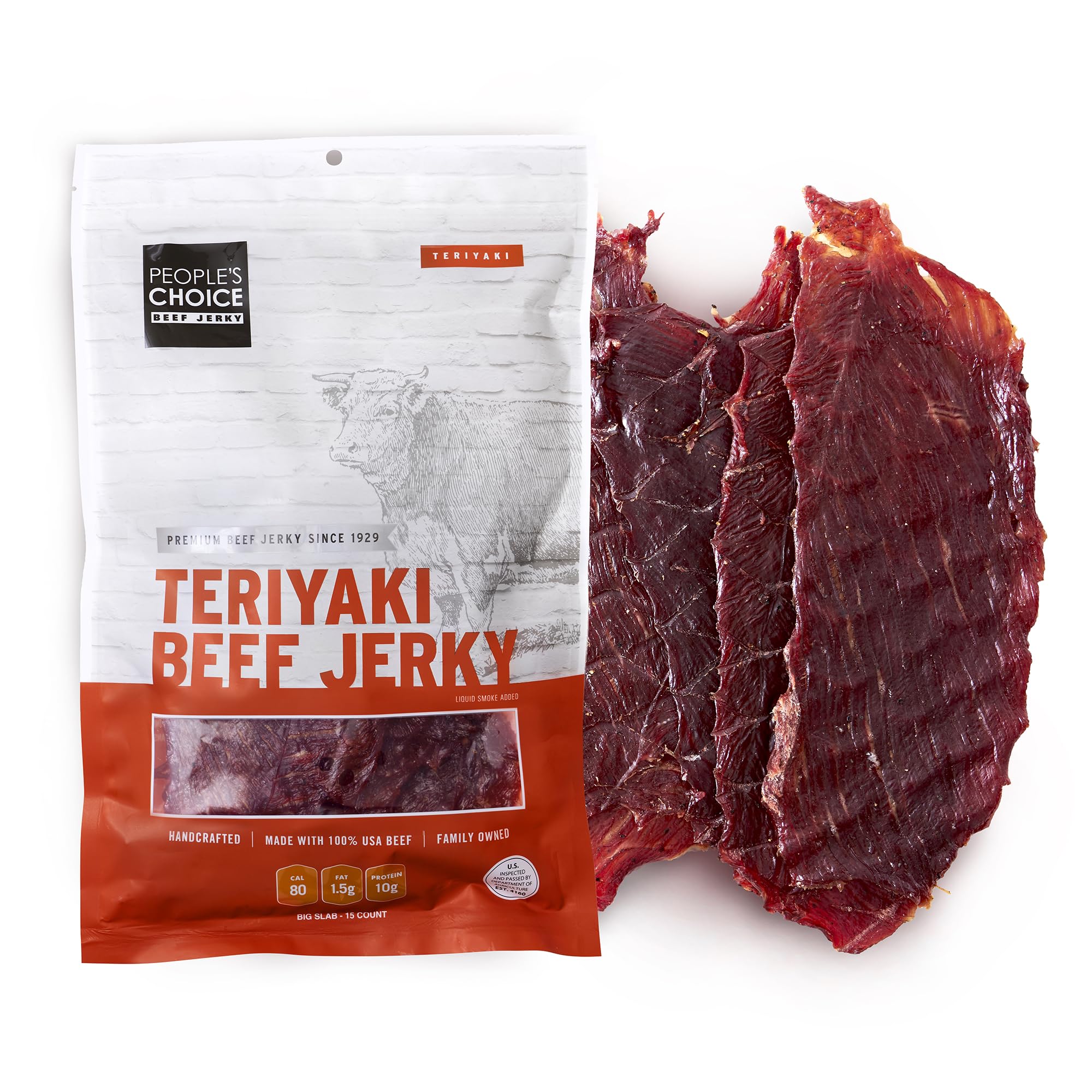 People's Choice Beef Jerky Teriyaki big slab thin-sliced on tray, ideal for on-the-go snacking