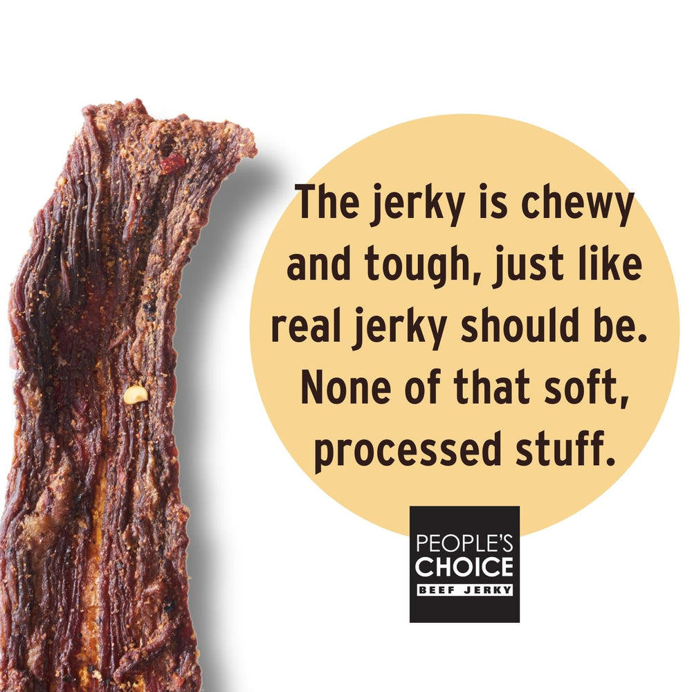 People's Choice Beef Jerky thick-sliced texture ready for satisfying bites.