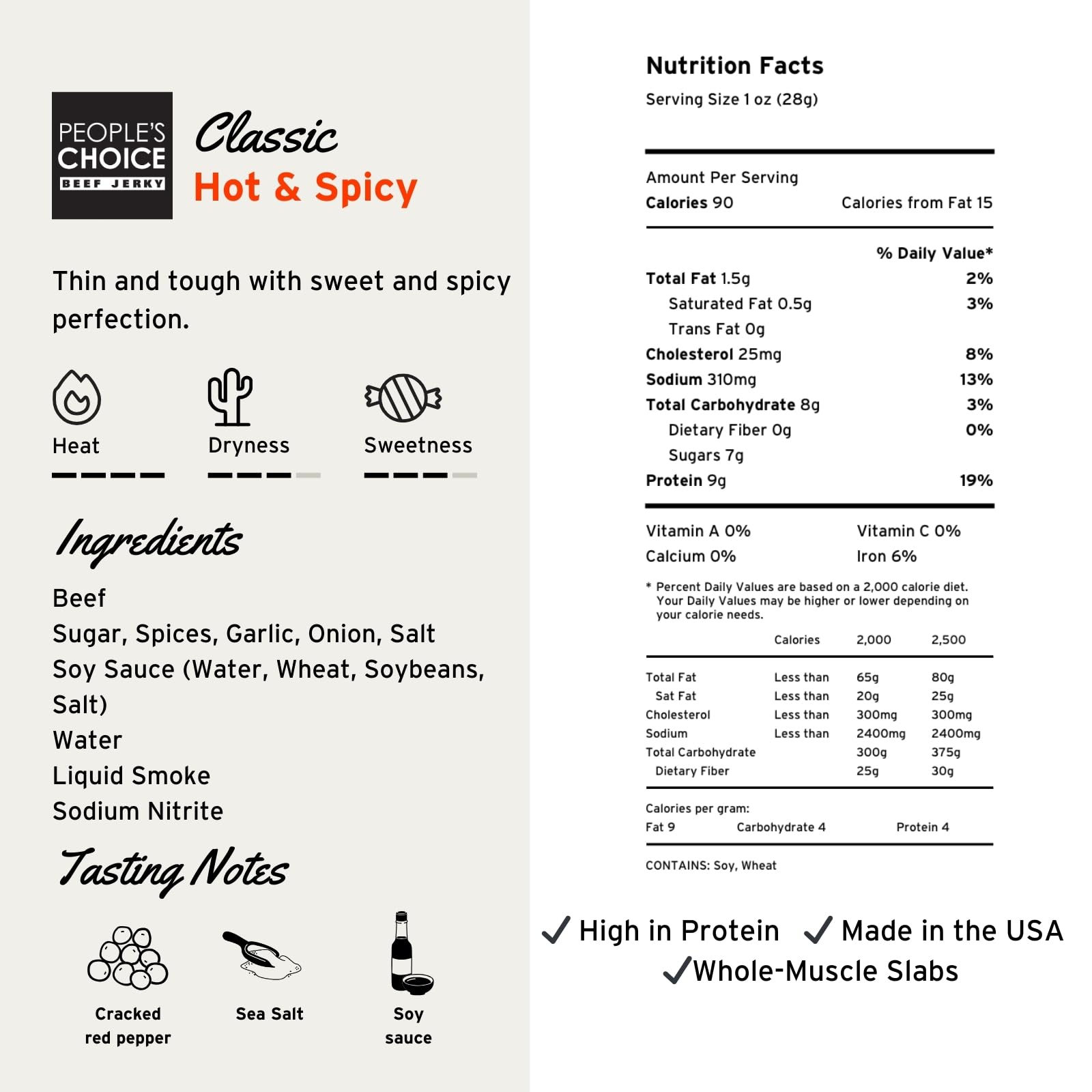 People's Choice Beef Jerky thin-sliced closeup reveals whole-muscle texture and bold marinated spices.
