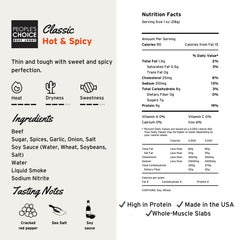 People's Choice Beef Jerky thin-sliced closeup reveals whole-muscle texture and bold marinated spices.