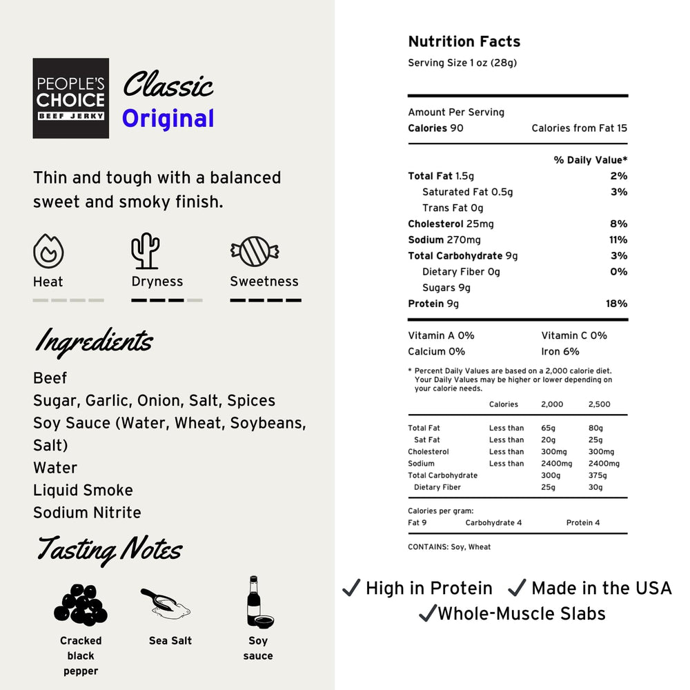 People's Choice Beef Jerky Original Whole-Muscle Slices offer chewy bite and real beef flavor.