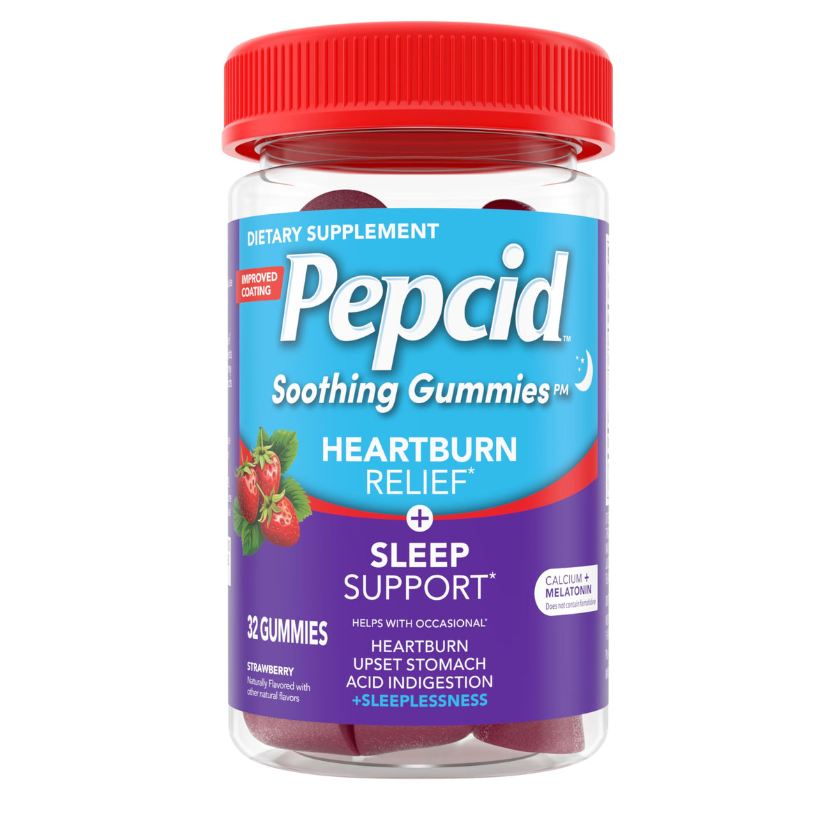 Pepcid Soothing Gummies bottle for heartburn relief and sleep support.