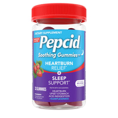 Pepcid Soothing Gummies bottle for heartburn relief and sleep support.