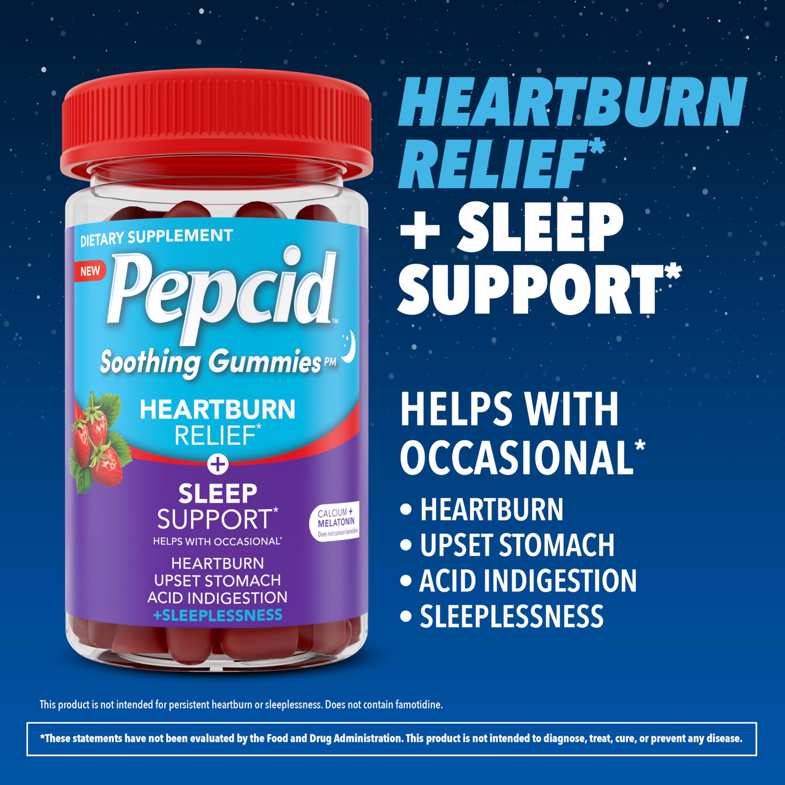 Pepcid Soothing Gummies strawberry flavor in a nighttime setting.