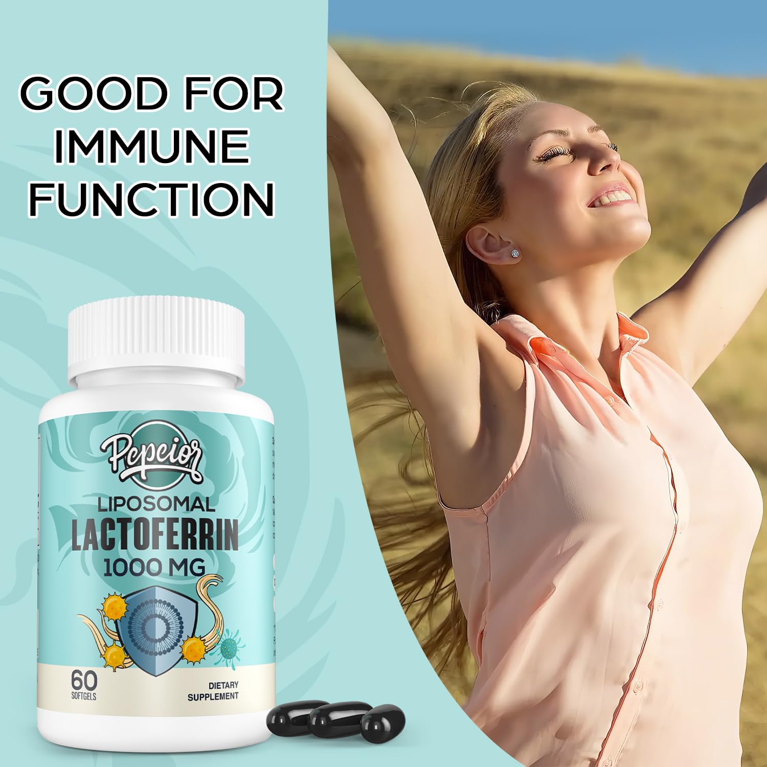 Pepeior liposomal lactoferrin softgels close-up for easy swallowing