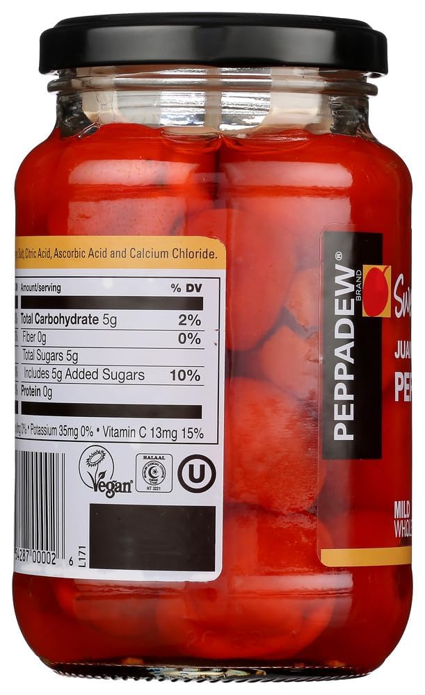 Peppadew Piquant Mild 400g Pack 2 label highlights vegan options
