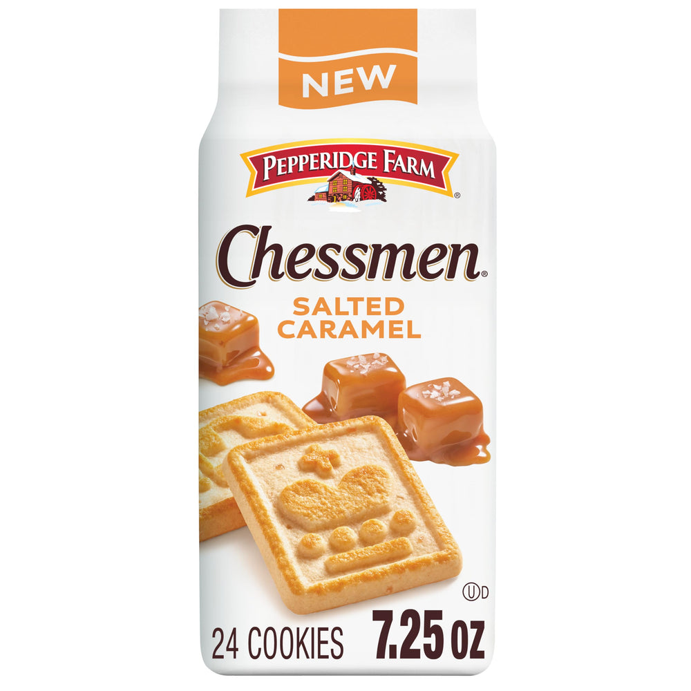 Pepperidge Farm Chessmen Salted Caramel cookie bag, ideal for sharing.