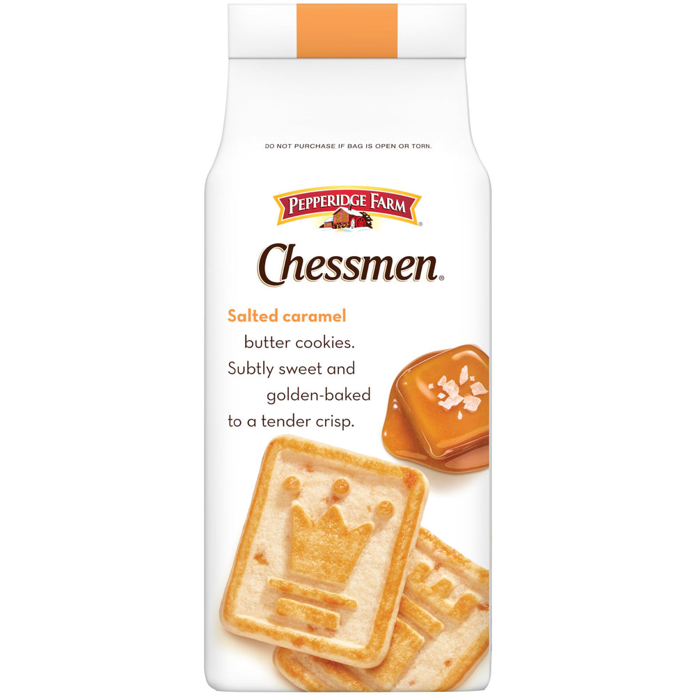 Chessmen Salted Caramel cookies on a dessert plate with coffee setup.