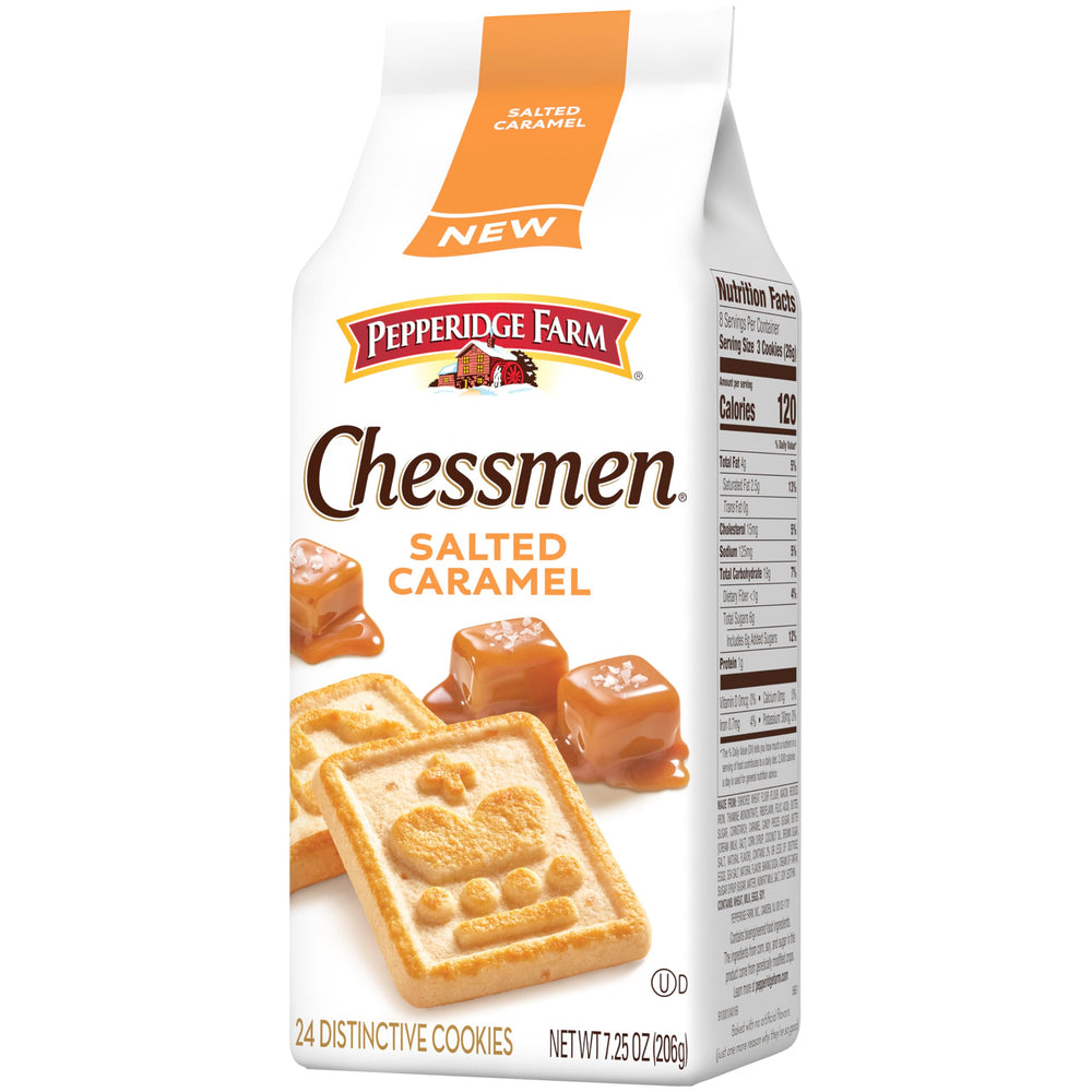 Gift-ready Pepperidge Farm Chessmen Salted Caramel cookies in packaging.