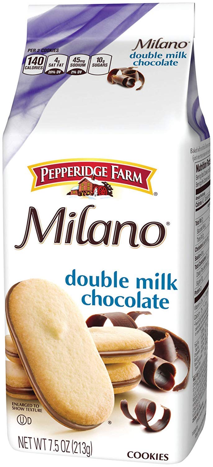 Milano Double Milk Chocolate cookie close-up showing crisp texture and creamy chocolate.