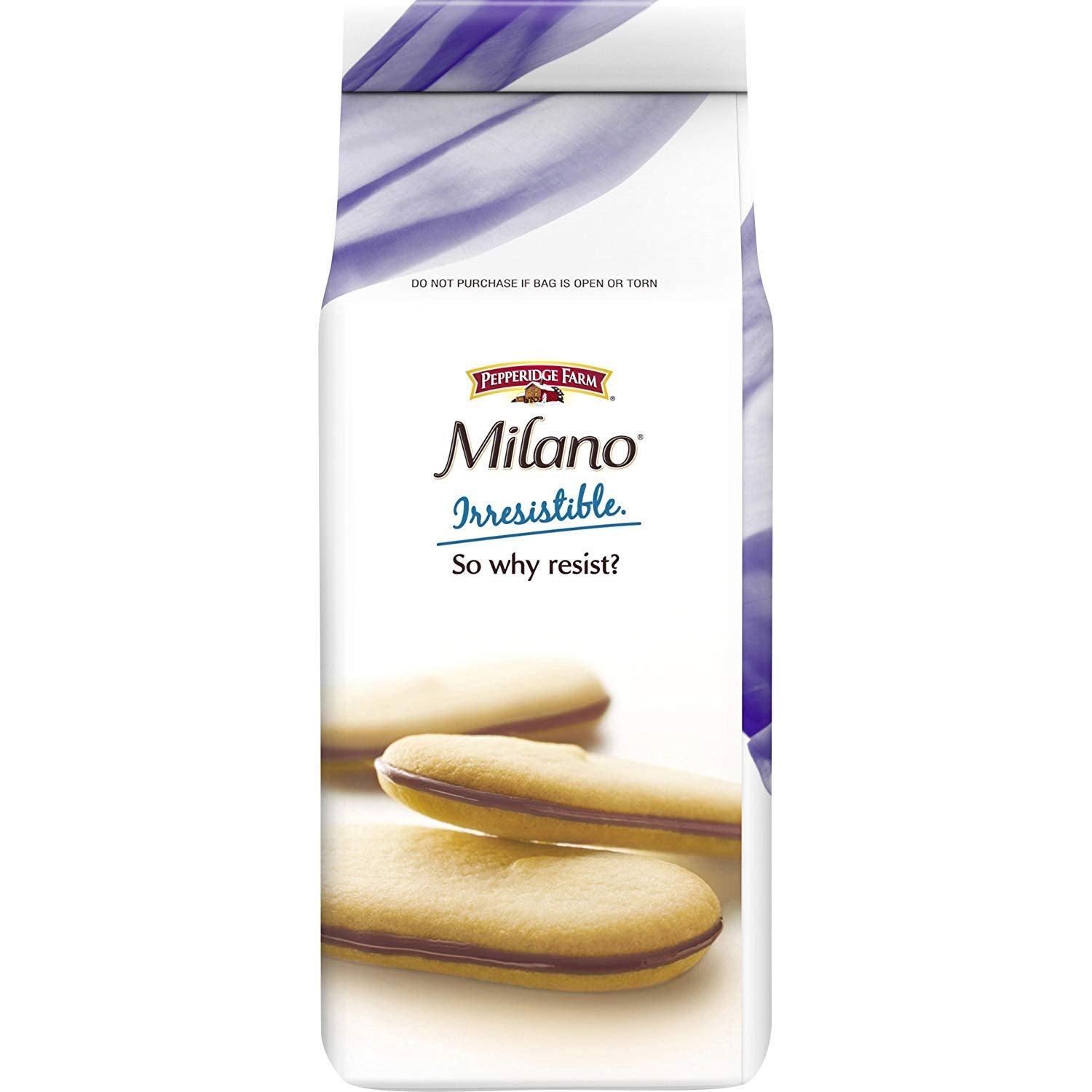Three-pack display of Milano Double Milk Chocolate cookies on a kitchen surface.