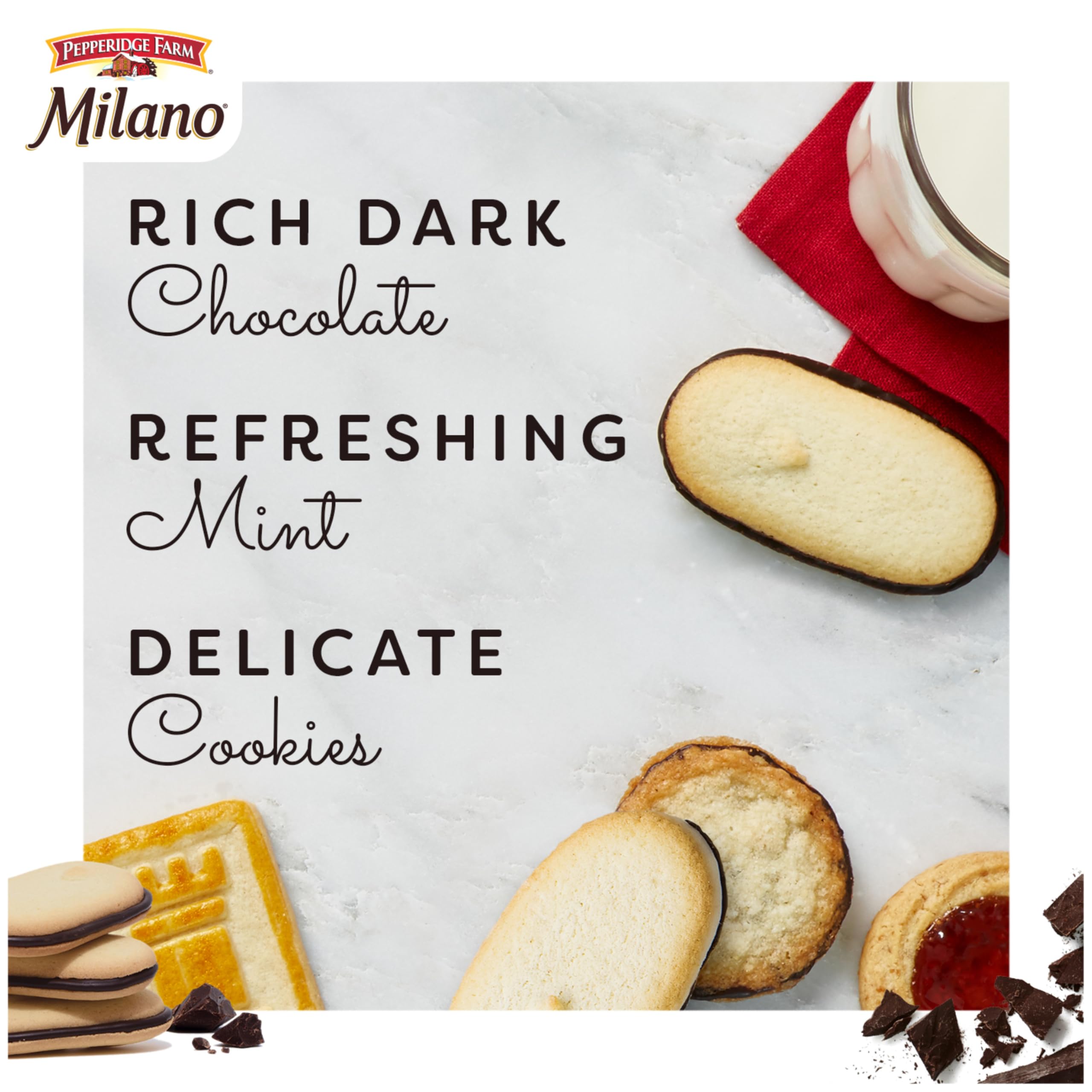 Pepperidge Farm Milano Mint dark-chocolate-sandwich: premium snacking moment you deserve.
