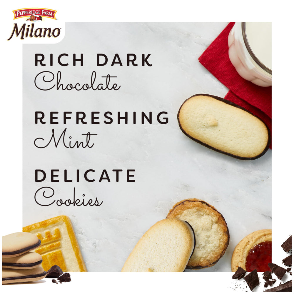 Pepperidge Farm Milano Mint dark-chocolate-sandwich: premium snacking moment you deserve.