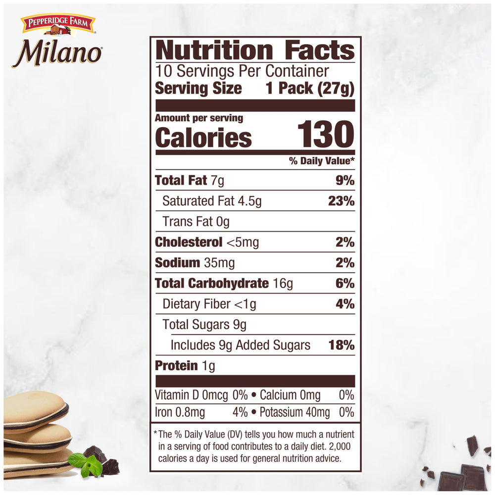 Pepperidge Farm Milano Mint two-cookies-visible: convenient two-cookie treat for a quick break.